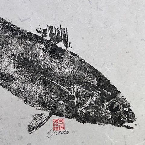 Menai Strait, Line Caught Sea Bass Gyotaku Printed and Wet Mounted.