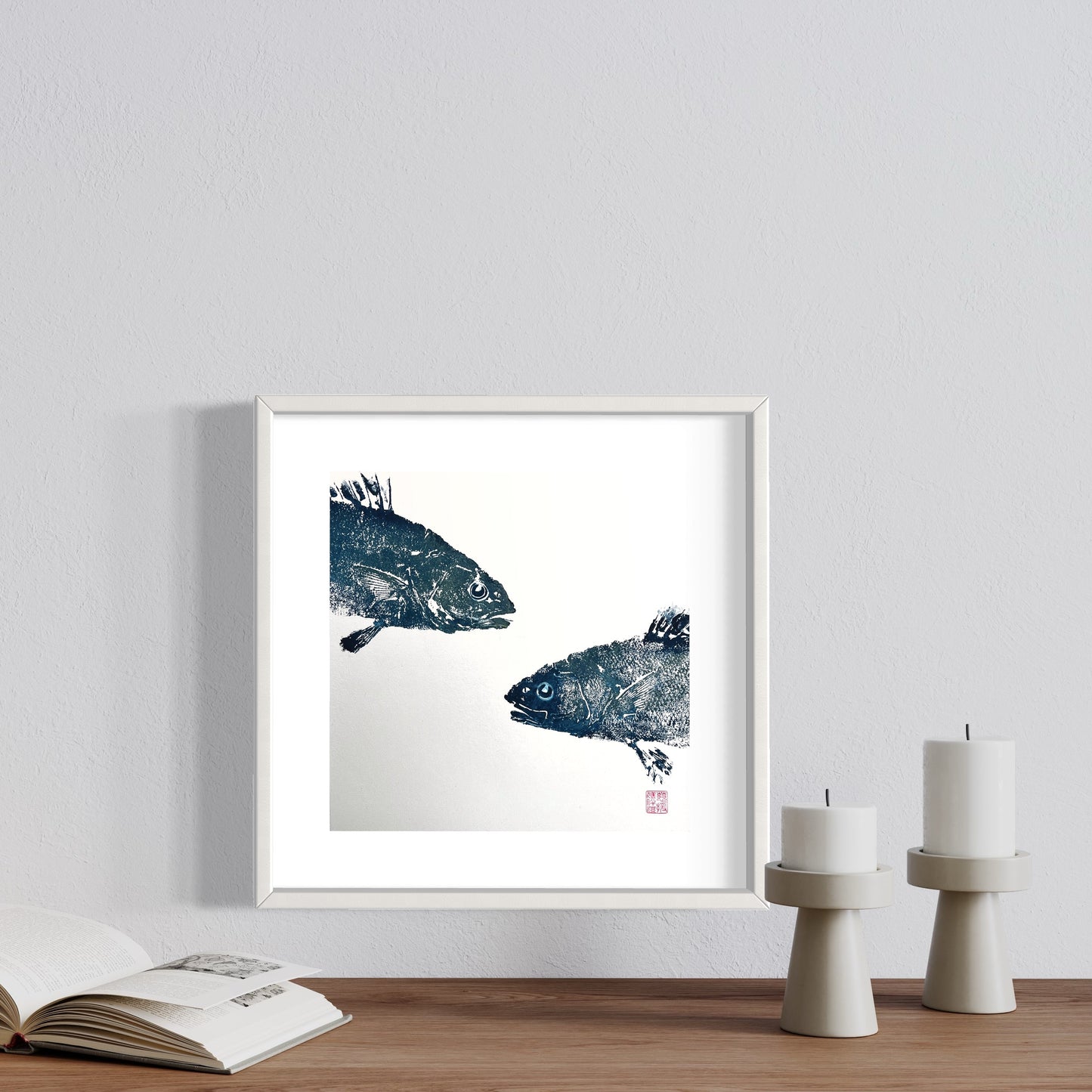 Menai Strait, Line Caught,  Sea Bass Heads Duo Gyotaku Printed and Wet Mounted.