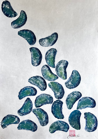 Hand finished Mussel Shell Gyotaku Print,  Wet Mounted