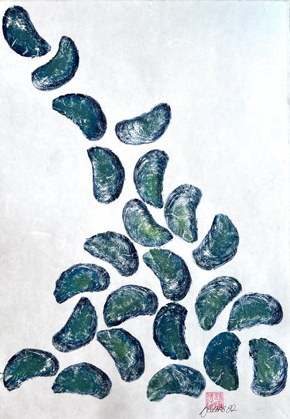 Hand finished Mussel Shell Gyotaku Print,  Wet Mounted