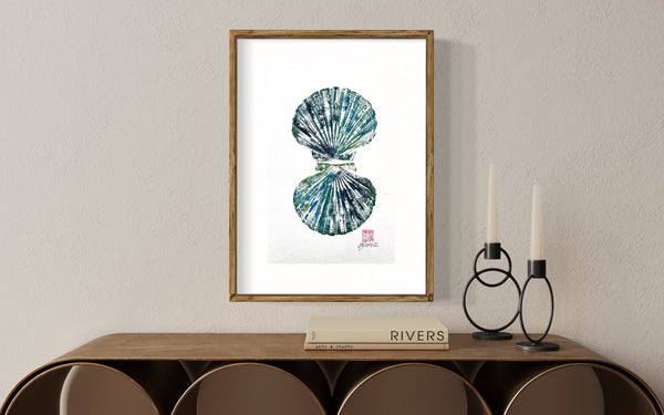 Scallop Shell Gyotaku Print, Wet Mounted