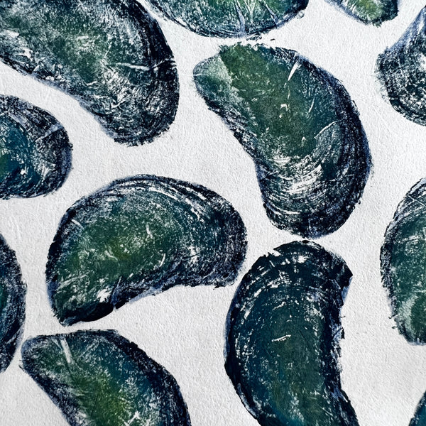 Hand finished Mussel Shell Gyotaku Print,  Wet Mounted