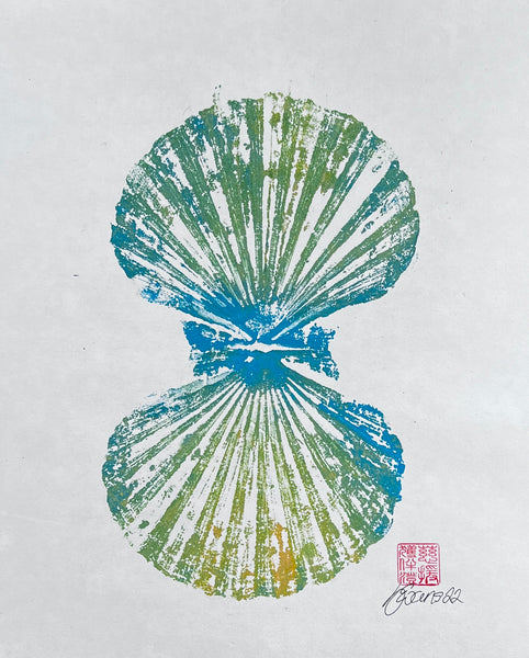 Scallop Shell Gyotaku Print, Wet Mounted A4