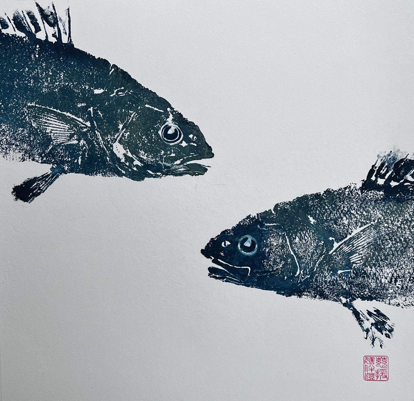 Menai Strait, Line Caught,  Sea Bass Heads Duo Gyotaku Printed and Wet Mounted.