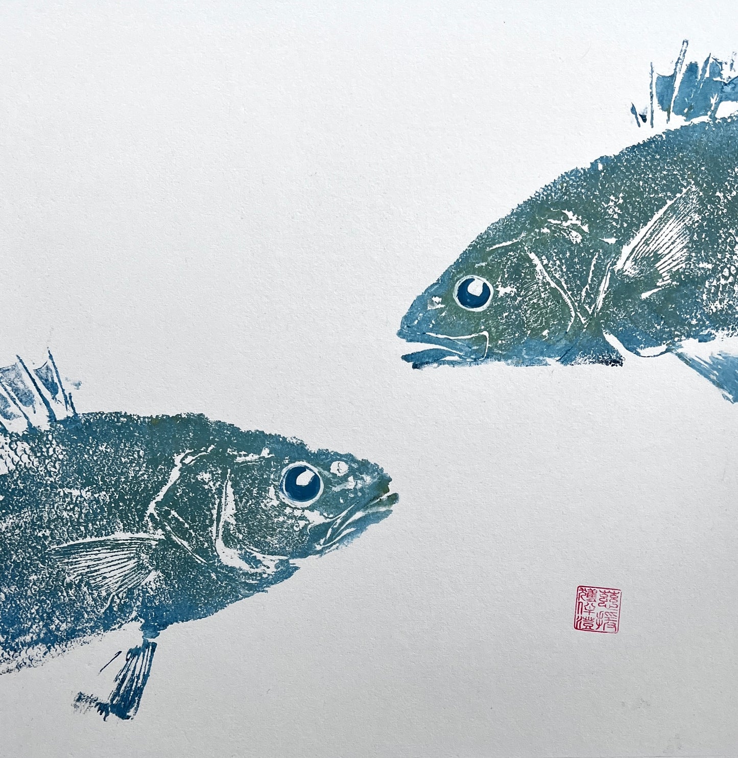 Menai Strait, Line Caught,  Sea Bass Heads Duo Gyotaku Printed and Wet Mounted.