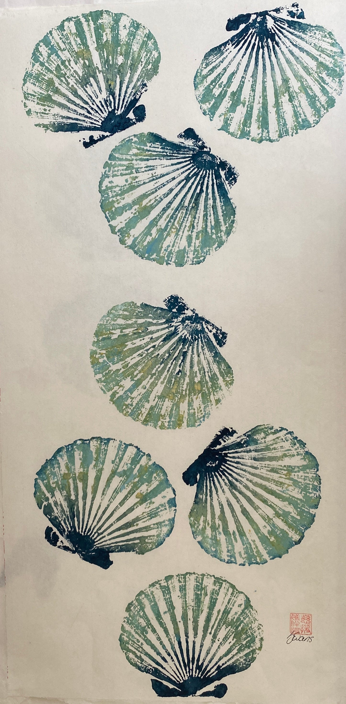 Multiple Scallop Shell Gyotaku Print, Wet Mounted